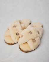 Beige - Sheepskin Slippers with Rhinestones - Limlim