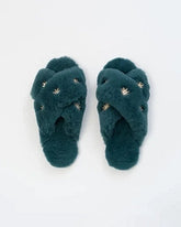 Blue Sheepskin Slippers with Rhinestones