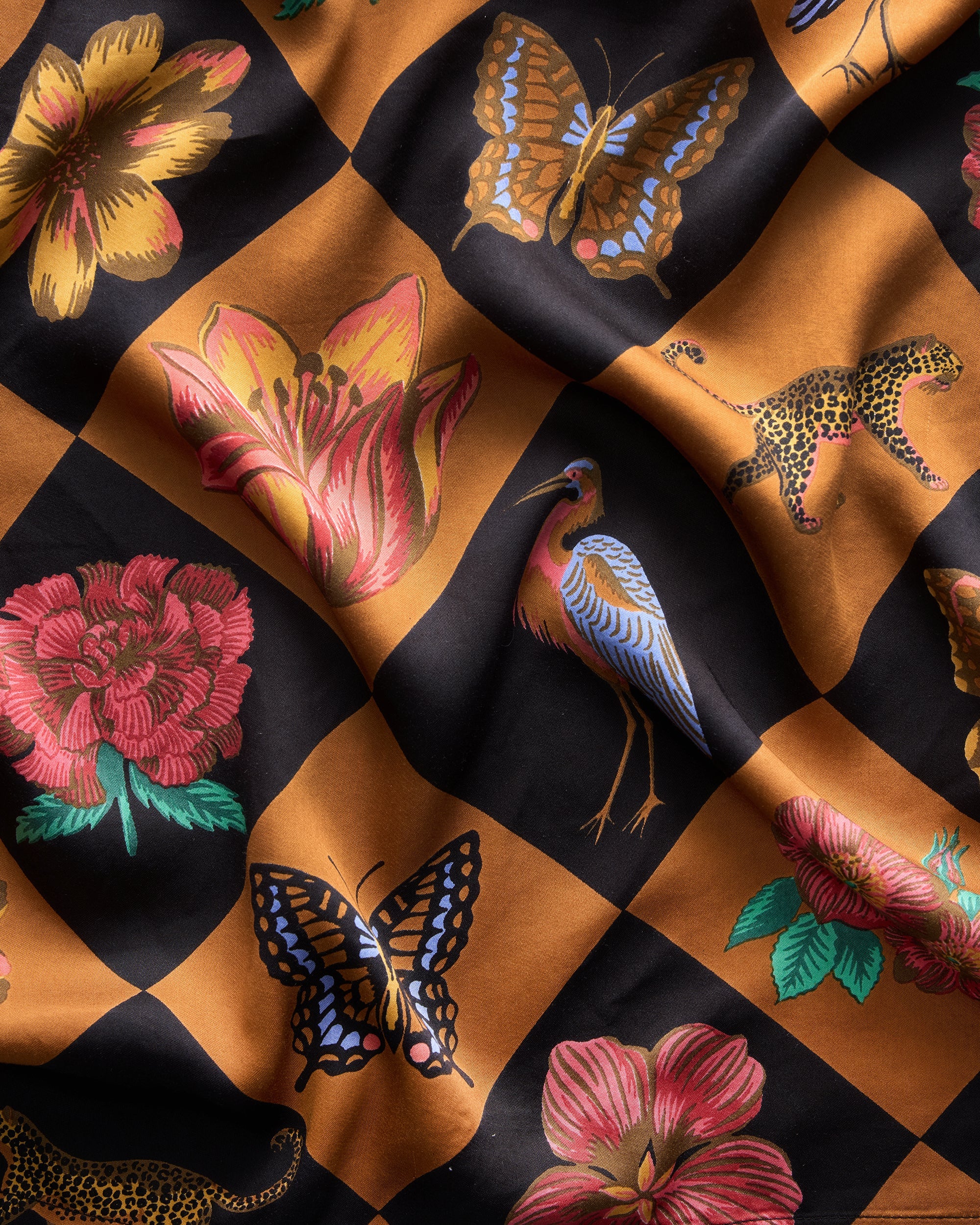 Botanical Checkerboard - Eco Satin Wrap PJ Set - Caramel