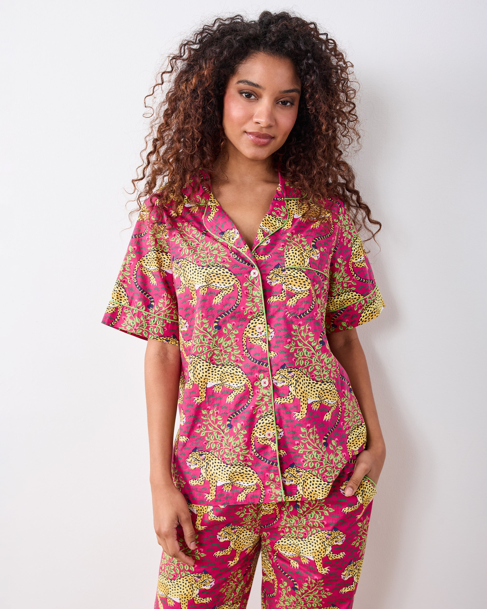 Bagheera - Short Sleeve Top & Long Pants Set - Hot Pink