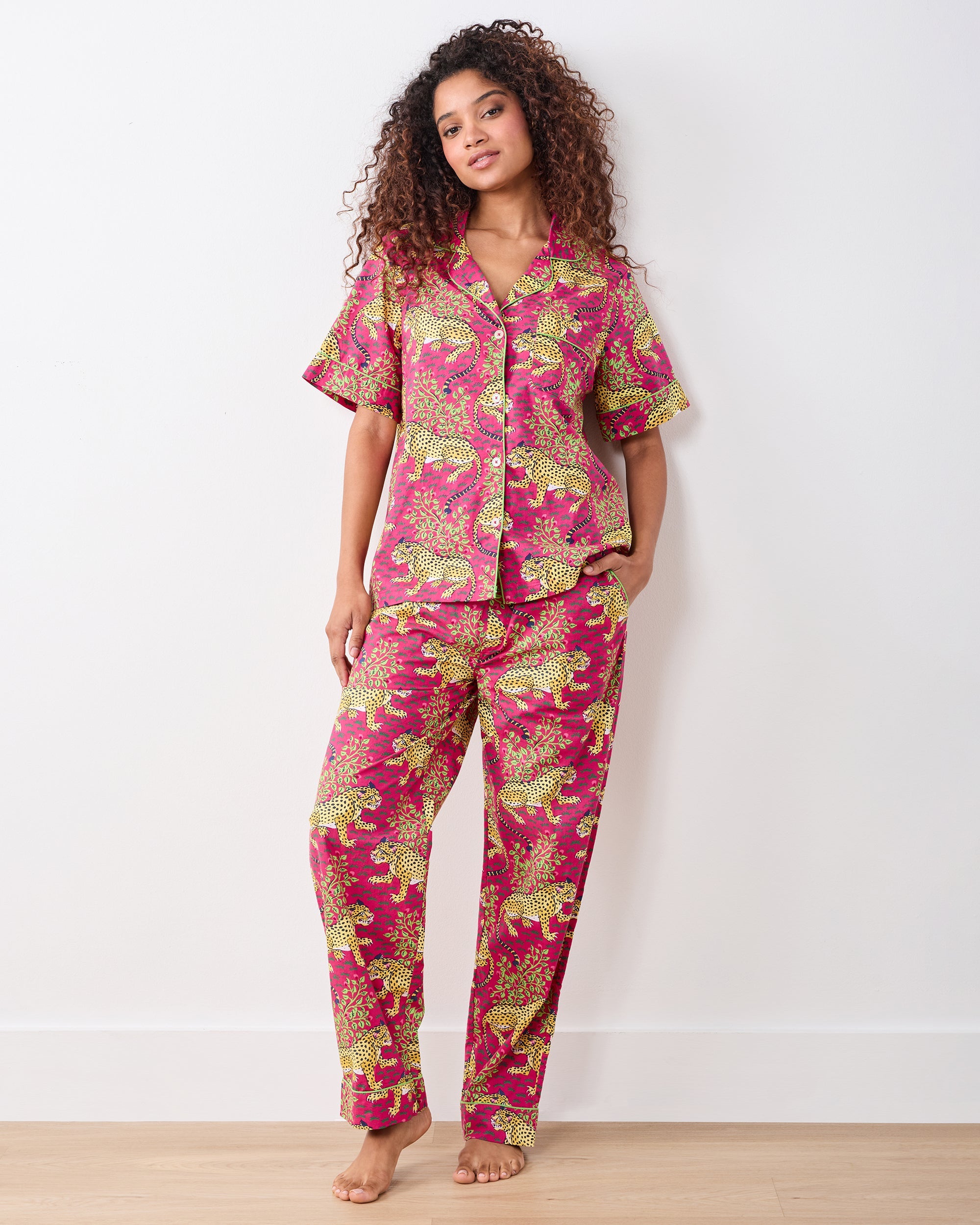 Bagheera - Short Sleeve Top & Long Pants Set - Hot Pink