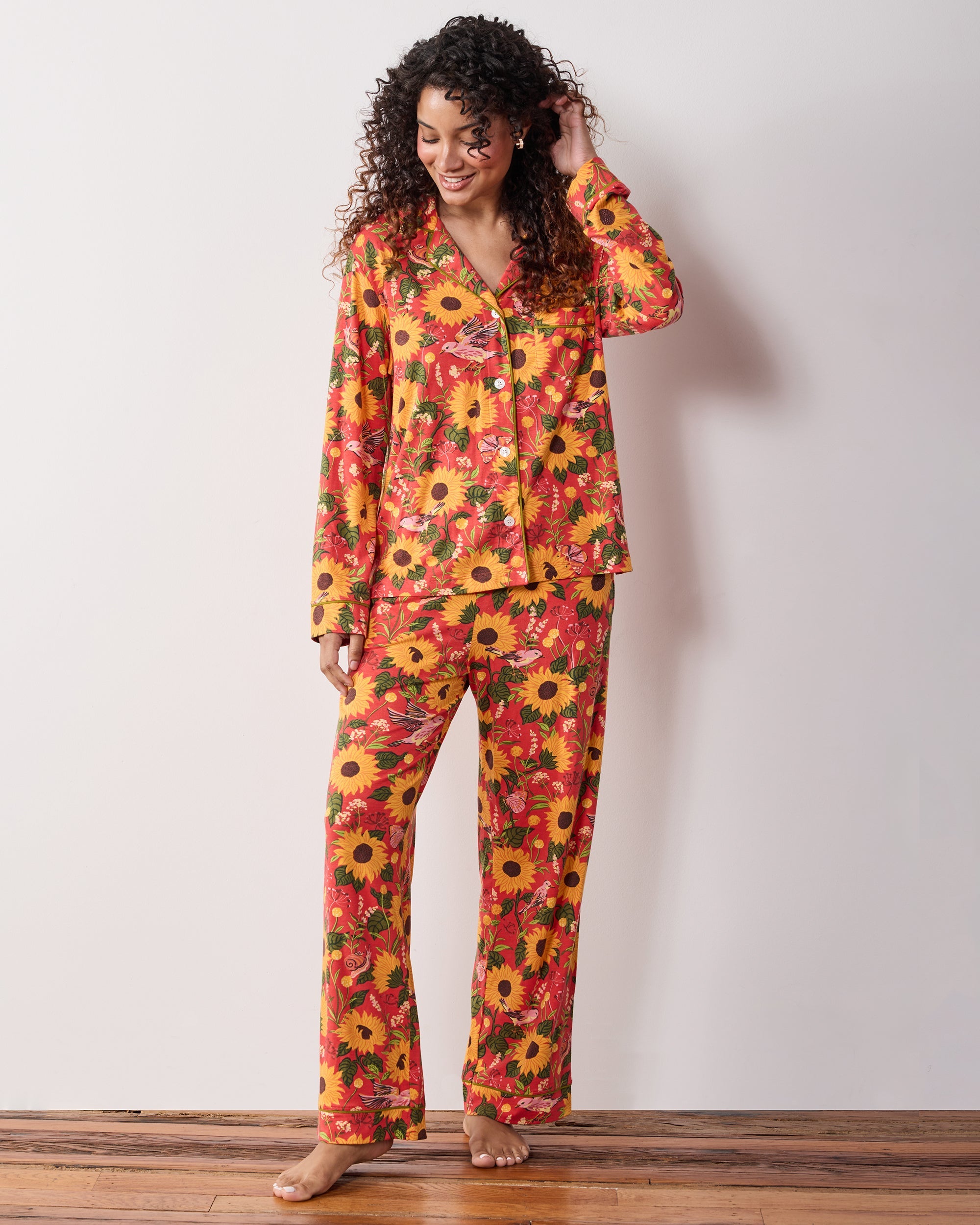 Autumn Sunflowers - Organic Pima Modal Knit Long PJ Set - Orange