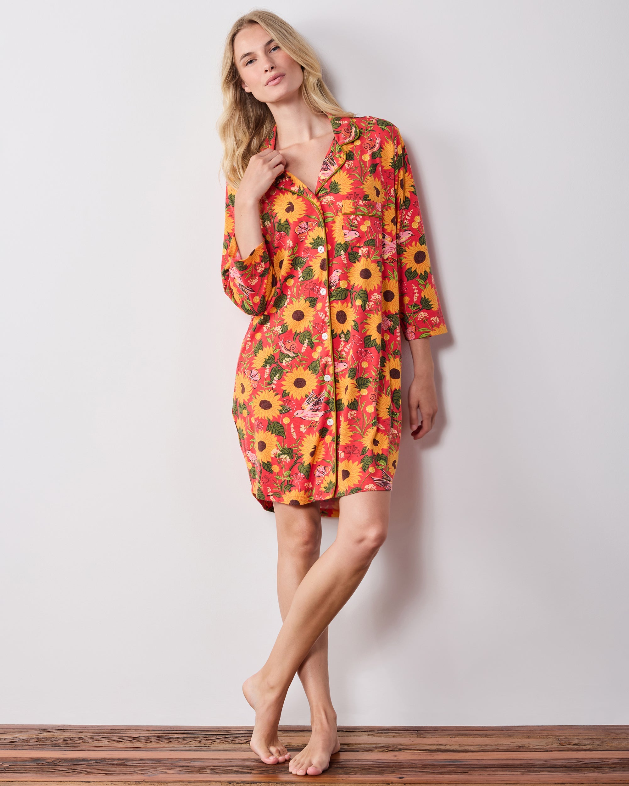 Autumn Sunflowers - Organic Pima Modal Knit Sleep Shirt - Orange