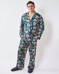 Champagne & Caviar - Men's Eco Satin Long PJ Set - Peacock Feather