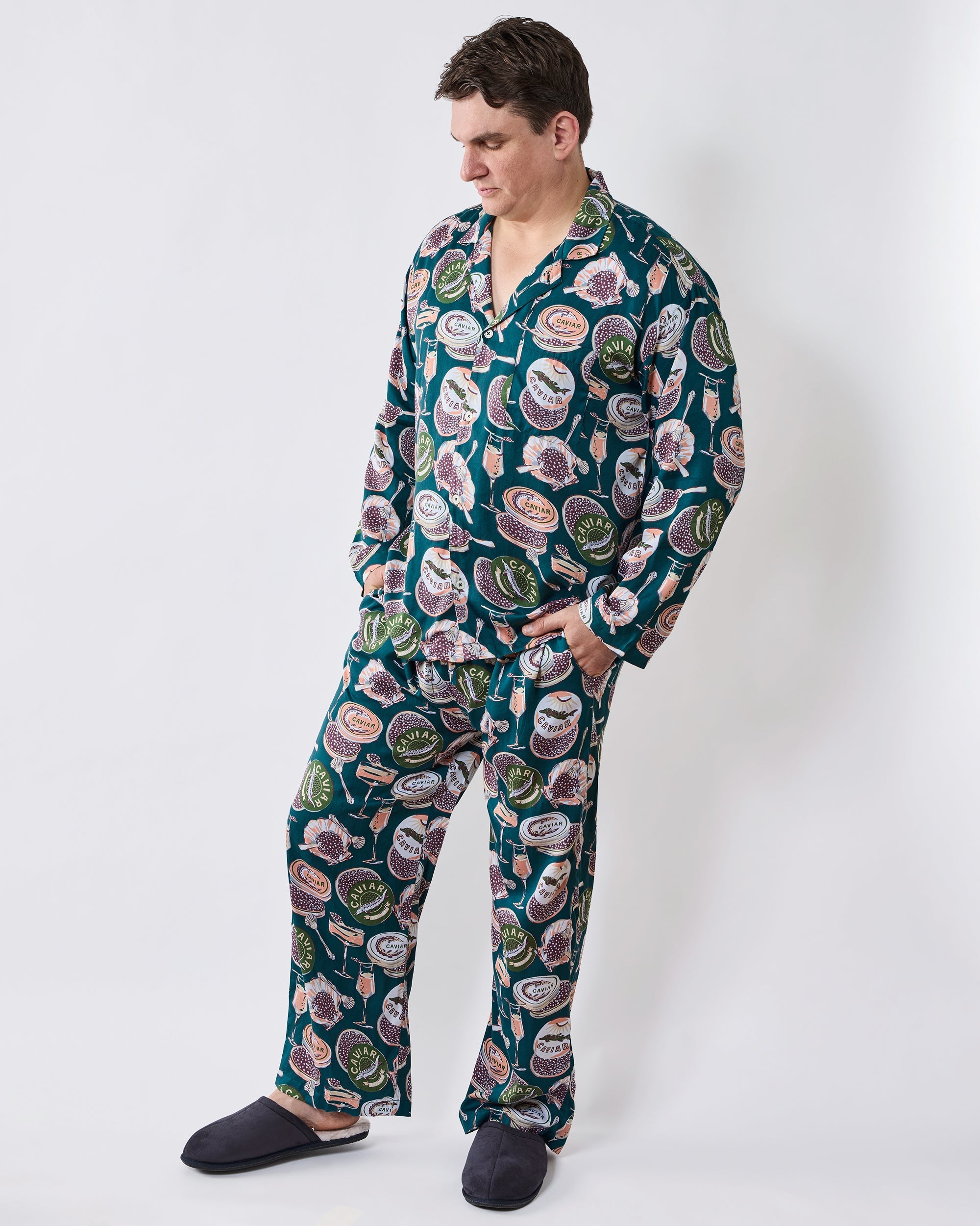Champagne & Caviar - Men's Eco Satin Long PJ Set - Peacock Feather