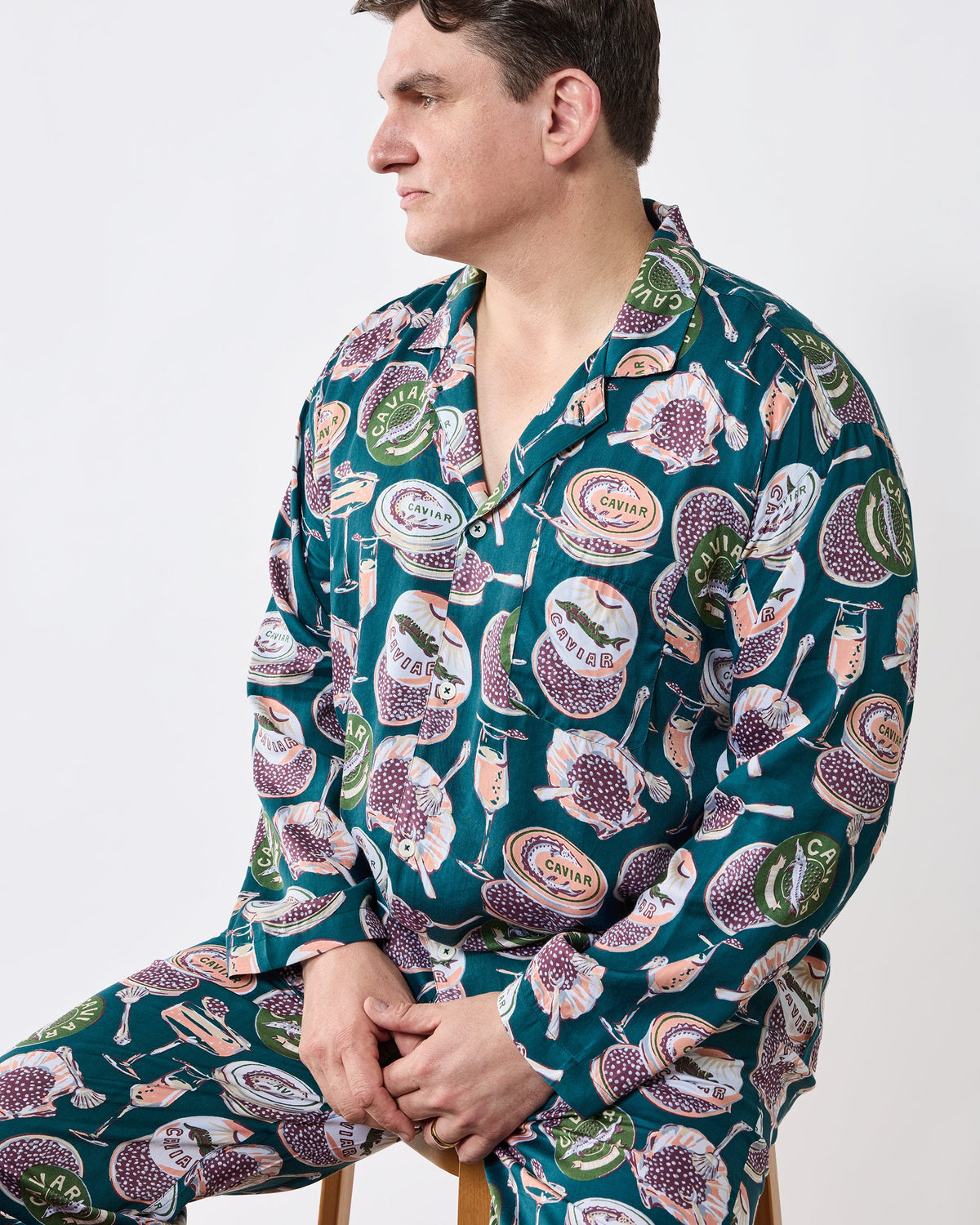 Champagne & Caviar - Men's Eco Satin Long PJ Set - Peacock Feather