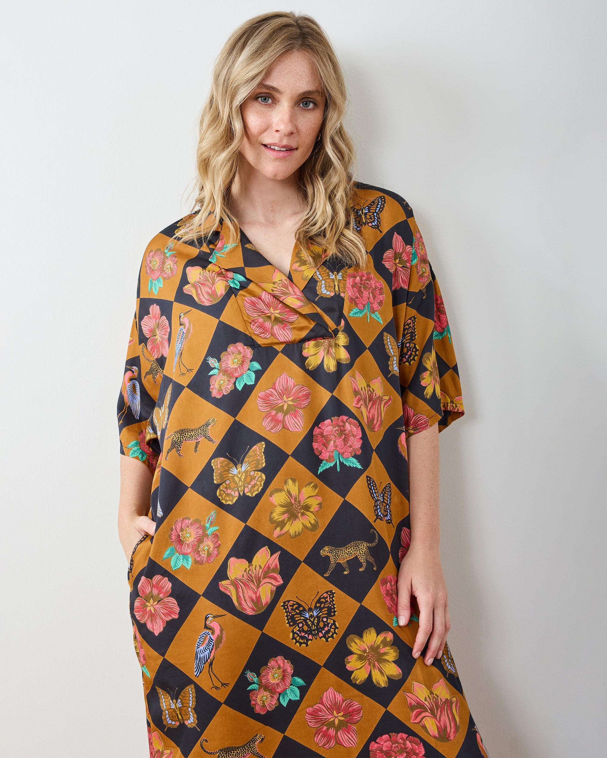 Botanical Checkerboard - Eco Satin Brigitte Nightgown Set - Caramel