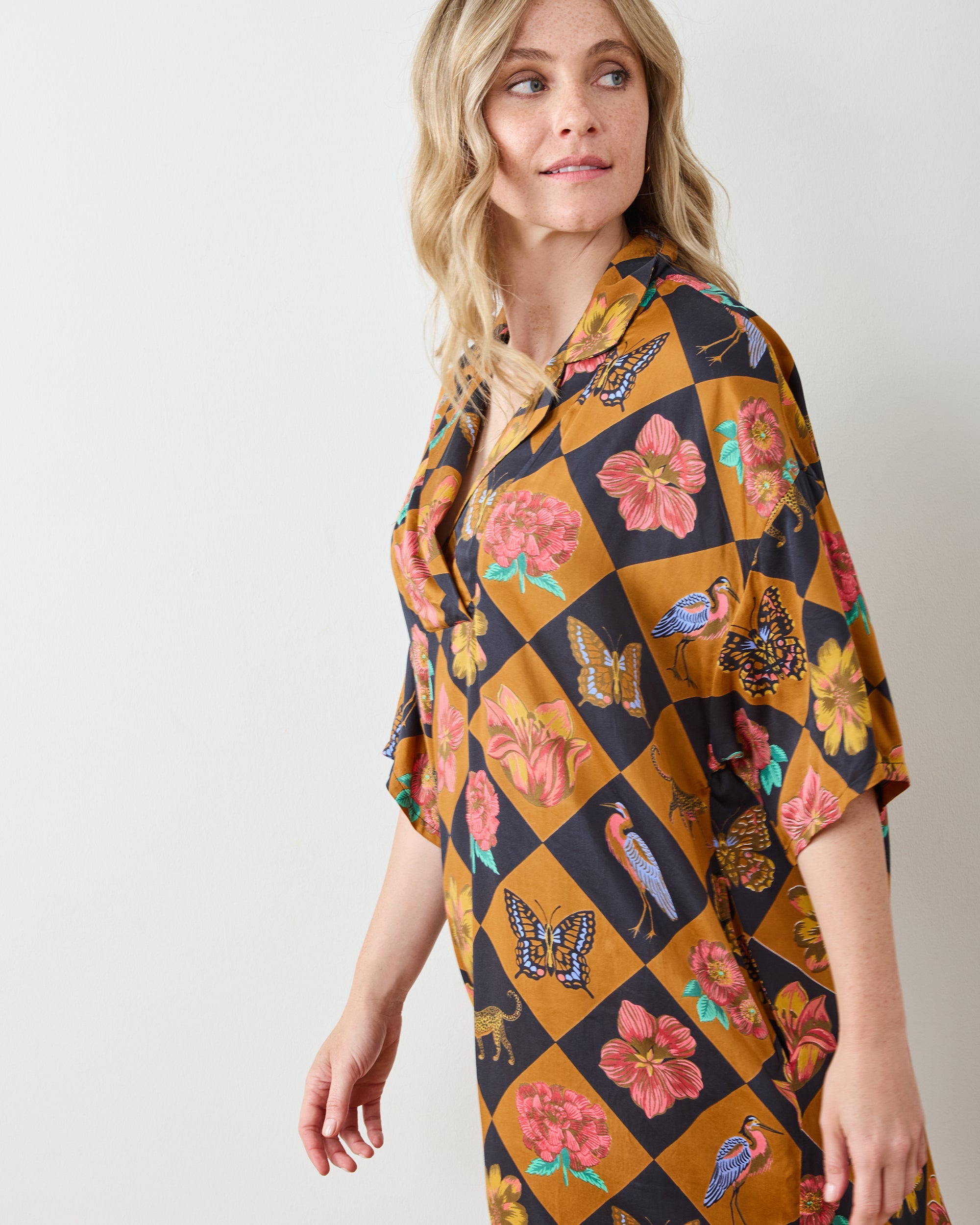 Botanical Checkerboard - Eco Satin Brigitte Nightgown Set - Caramel