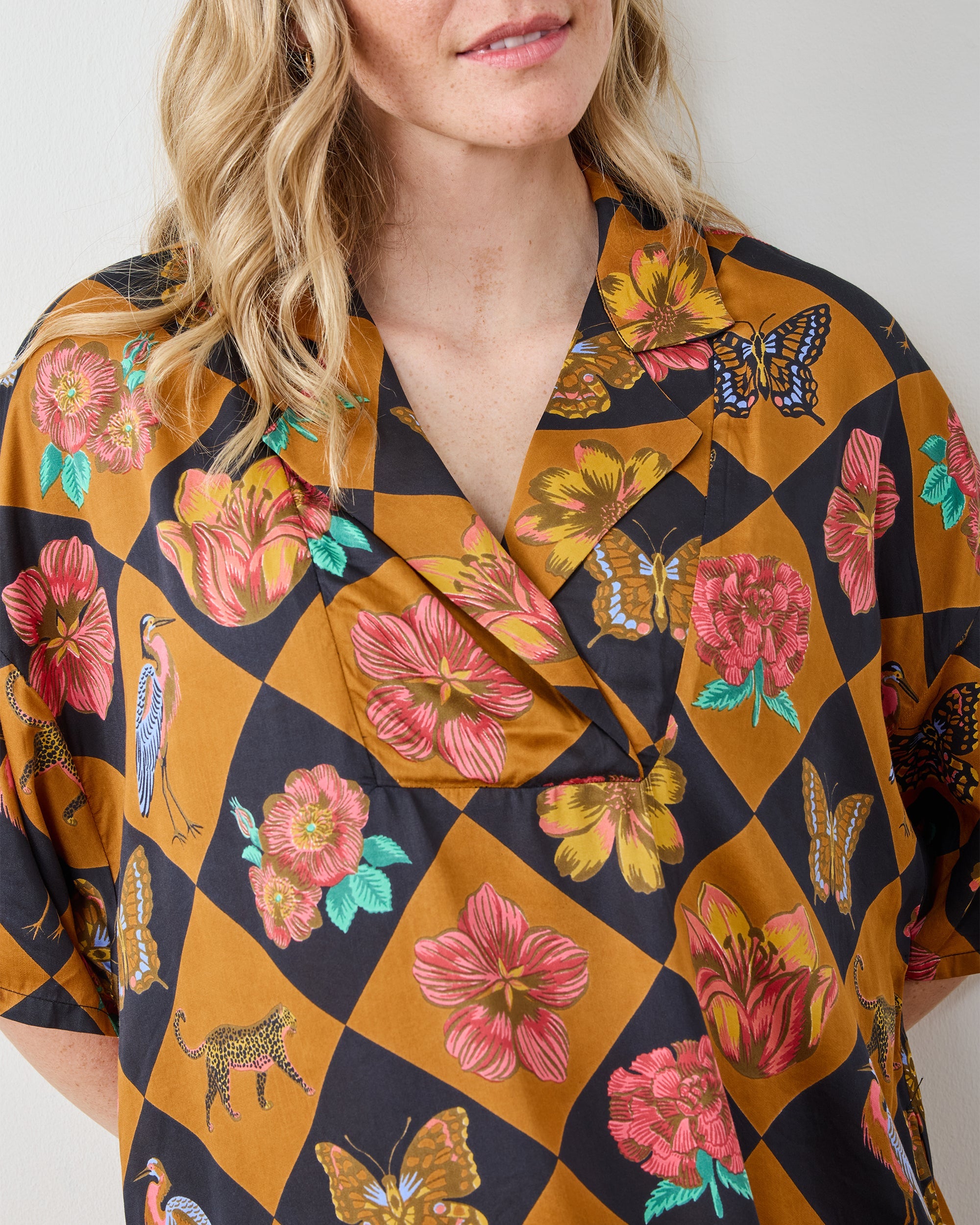 Botanical Checkerboard - Eco Satin Brigitte Nightgown Set - Caramel