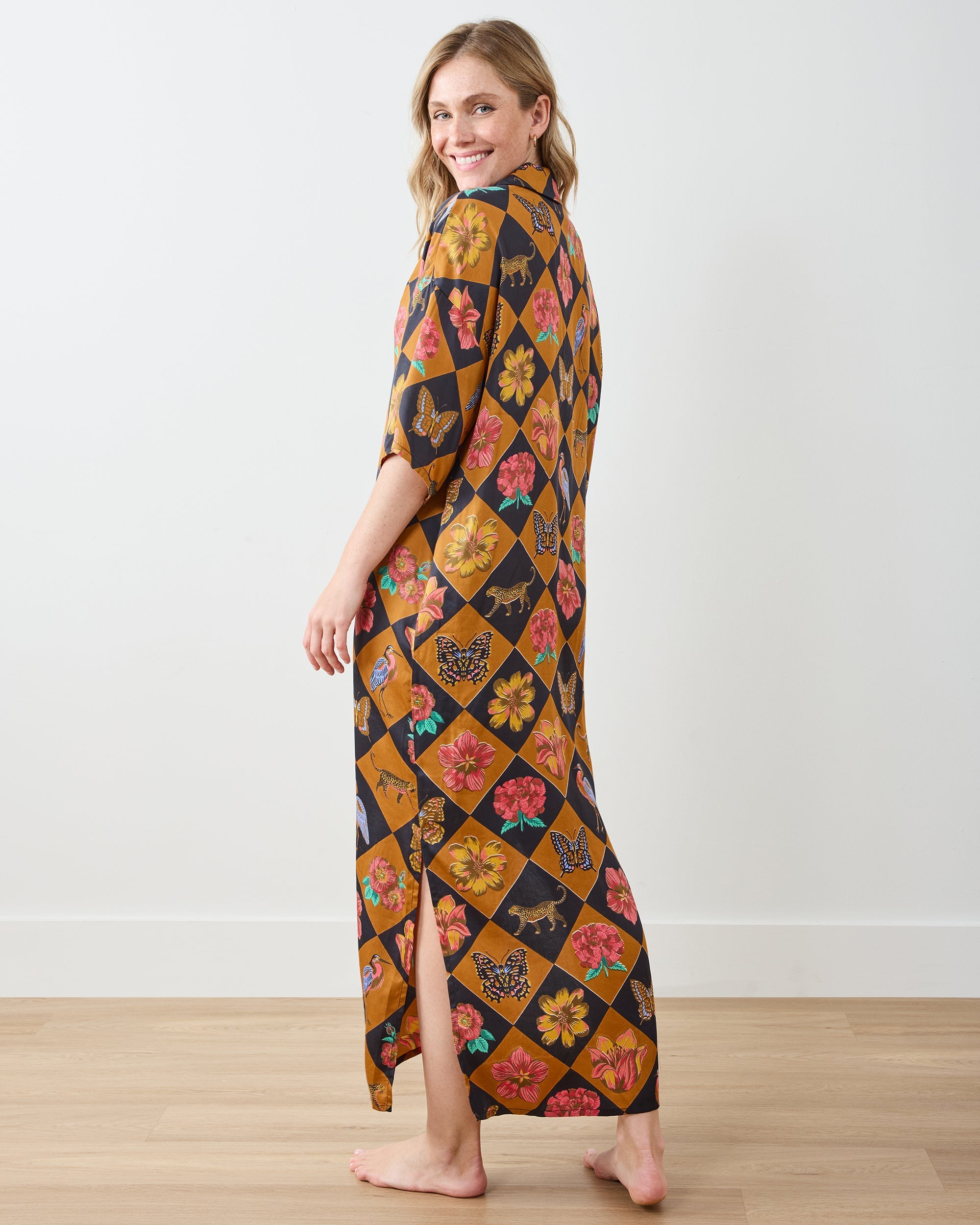 Botanical Checkerboard - Eco Satin Brigitte Nightgown Set - Caramel