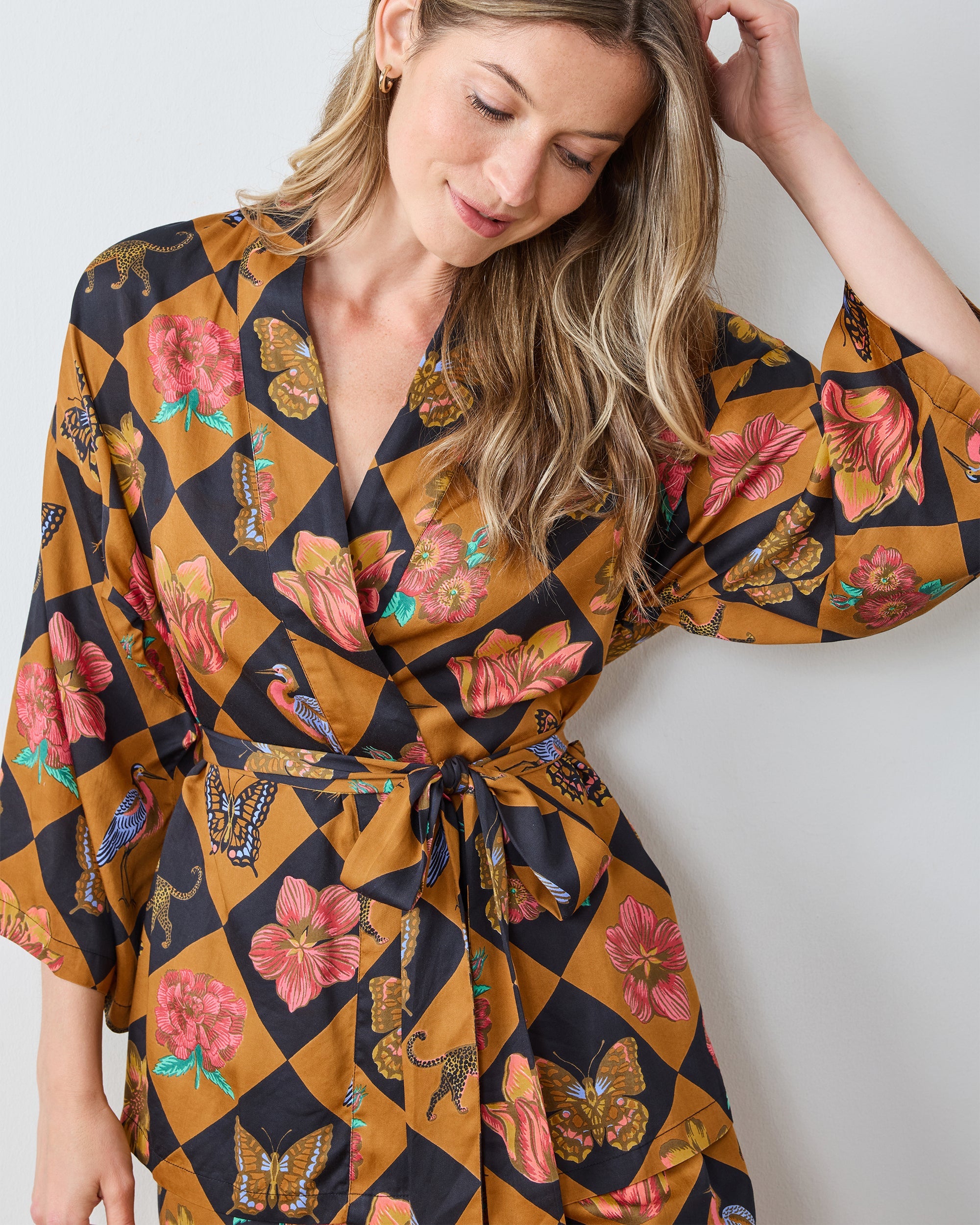 Botanical Checkerboard - Eco Satin Wrap PJ Set - Caramel