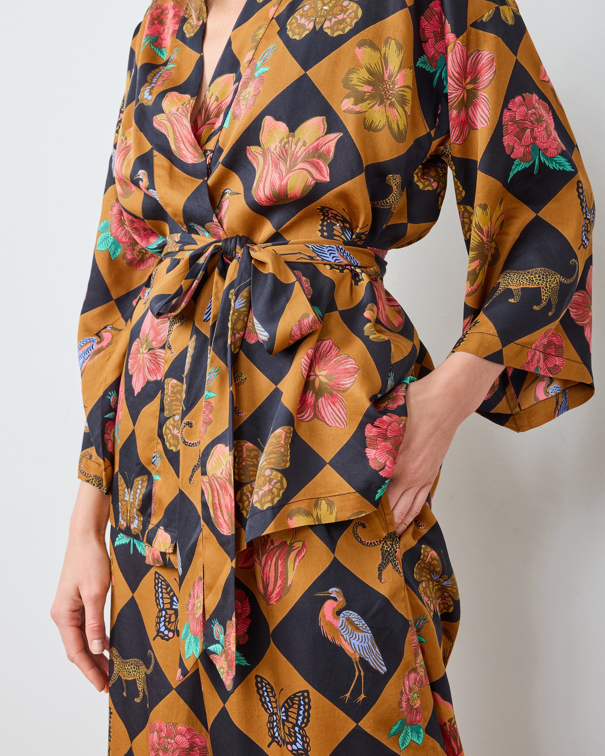 Botanical Checkerboard - Eco Satin Wrap PJ Set - Caramel