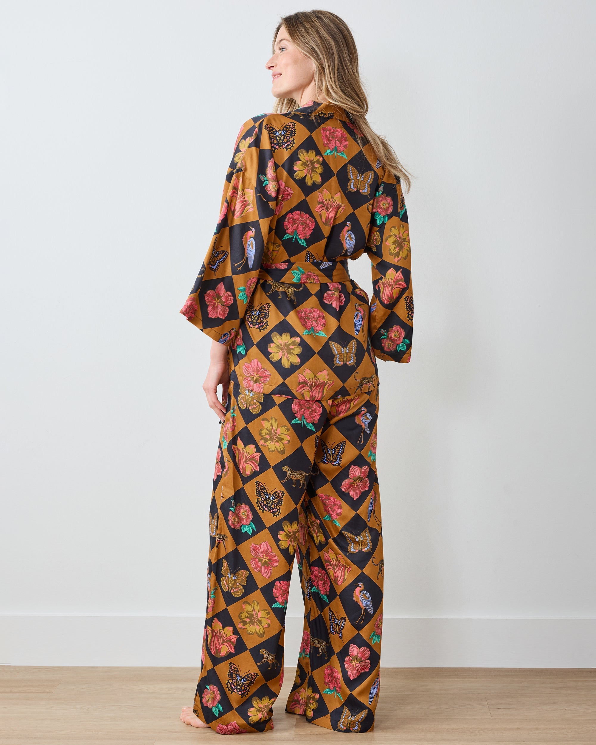 Botanical Checkerboard - Eco Satin Wrap PJ Set - Caramel