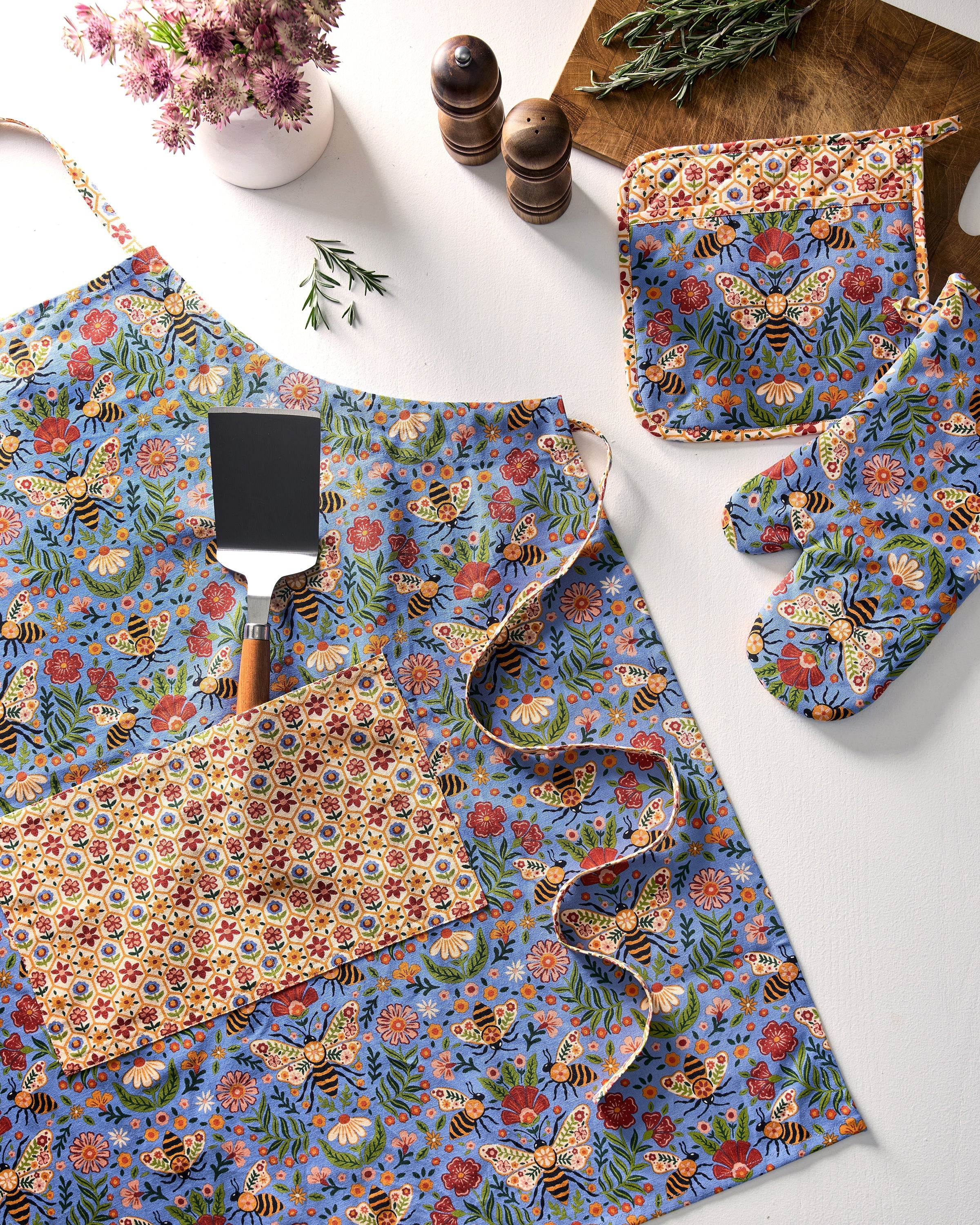 Bee Tapestry - Apron - Delphinium Blue