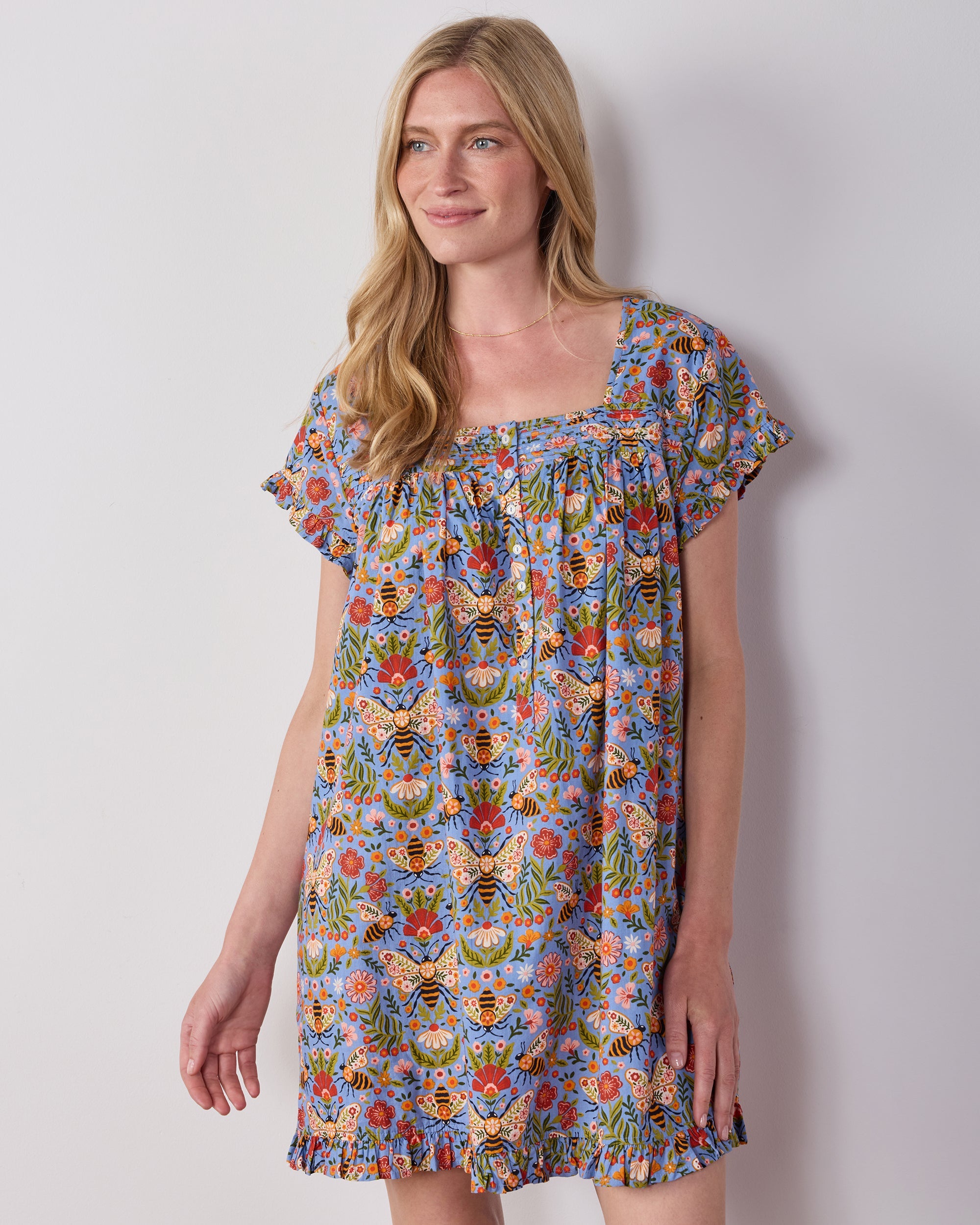 Bee Tapestry - Pintuck Nightgown - Delphinium Blue