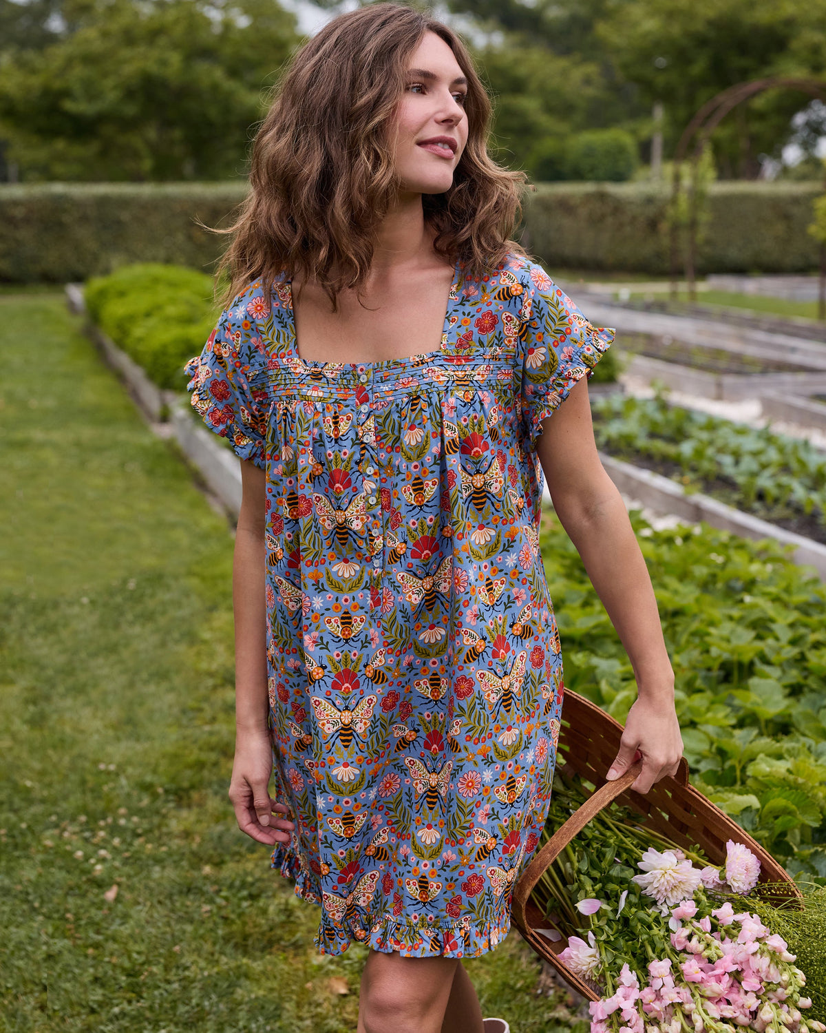 Bee Tapestry - Pintuck Nightgown - Delphinium Blue