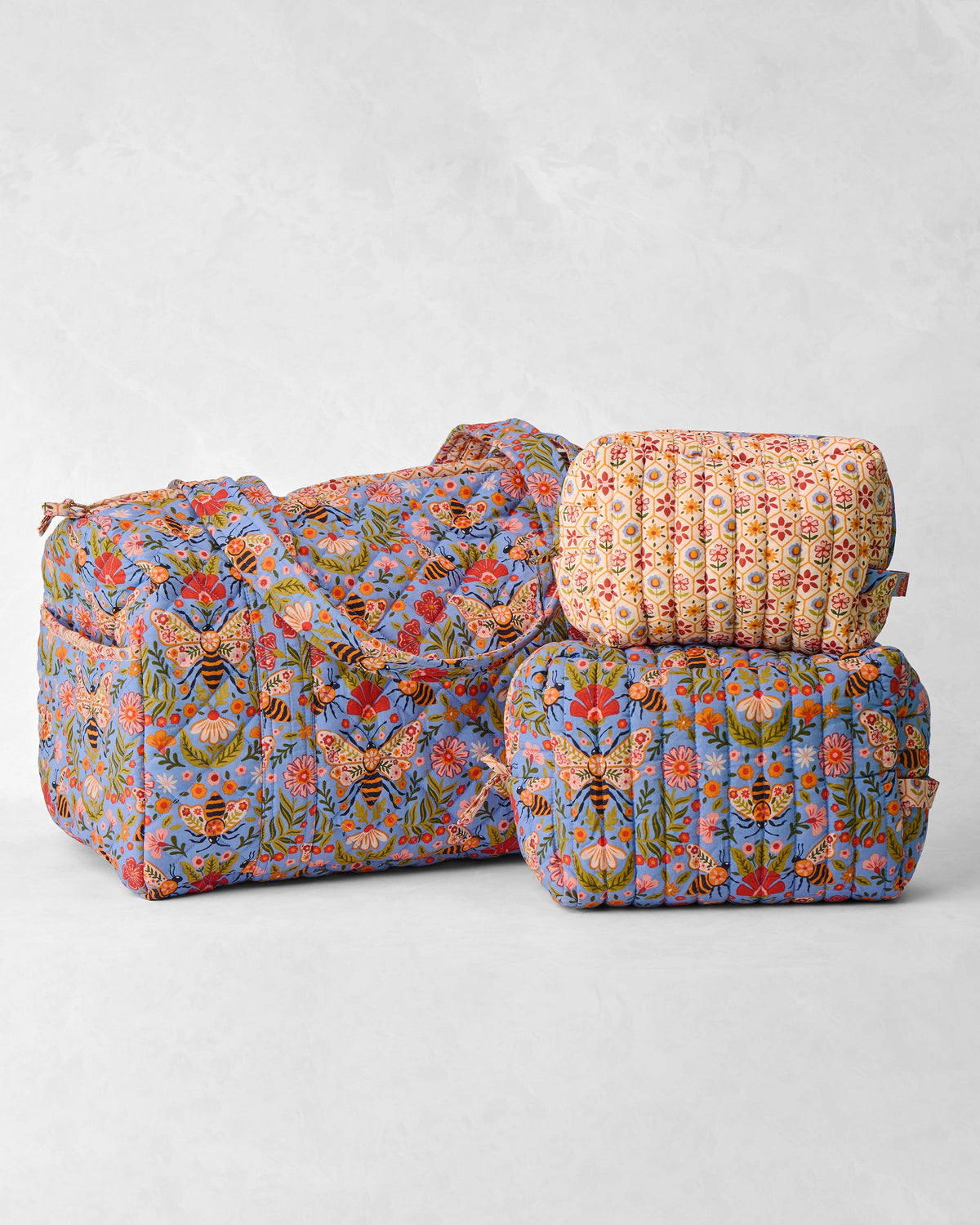 Bee Tapestry - Quilted Duffle & Oversized Pouch Duo Bundle - Delphinium Blue