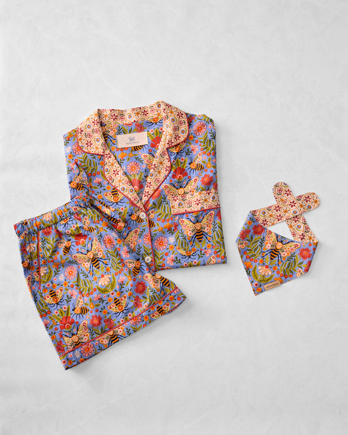 Bee Tapestry - Short PJ Set & Pet Bandana - Delphinium Blue