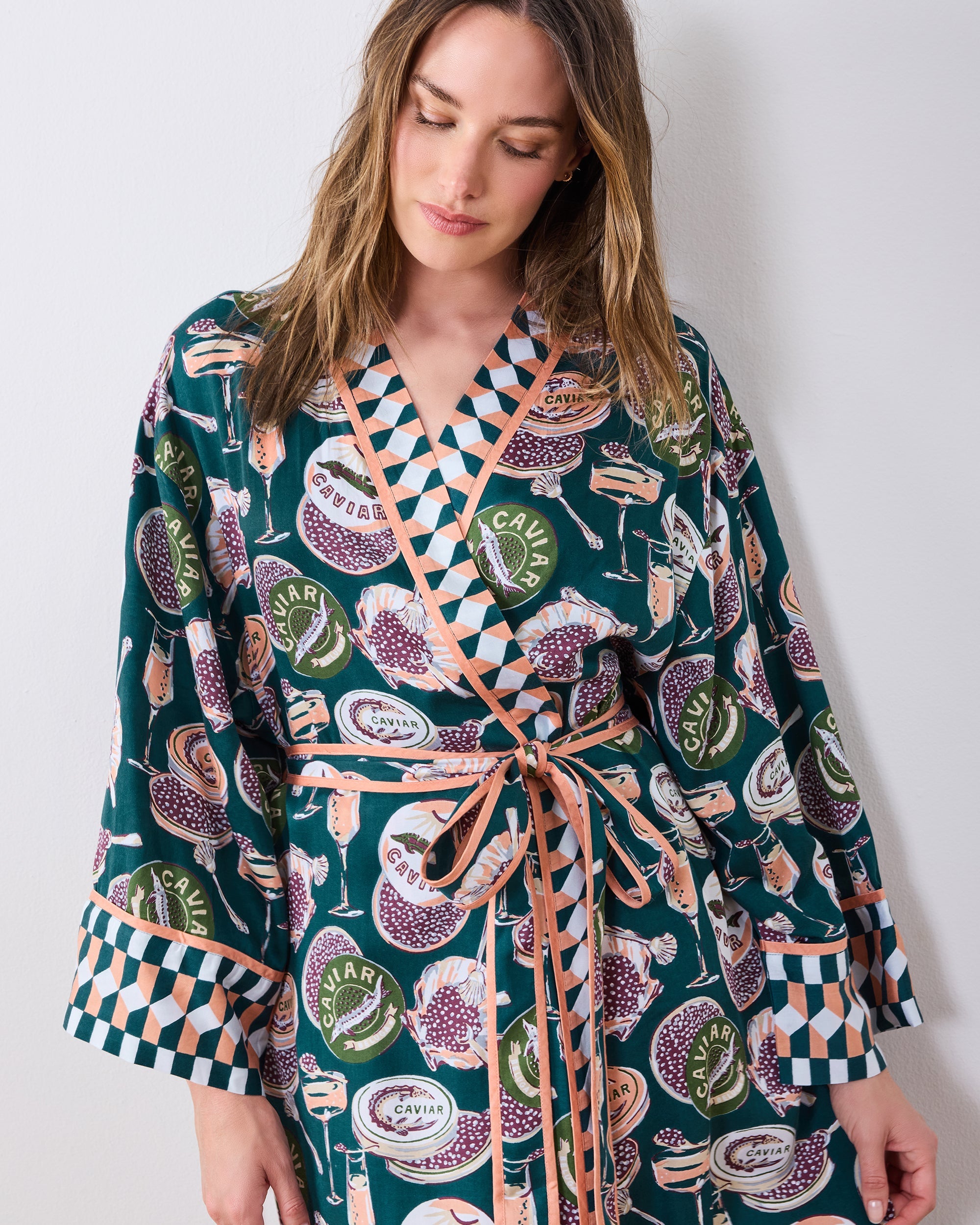 Champagne & Caviar - Eco Satin Robe - Peacock Feather