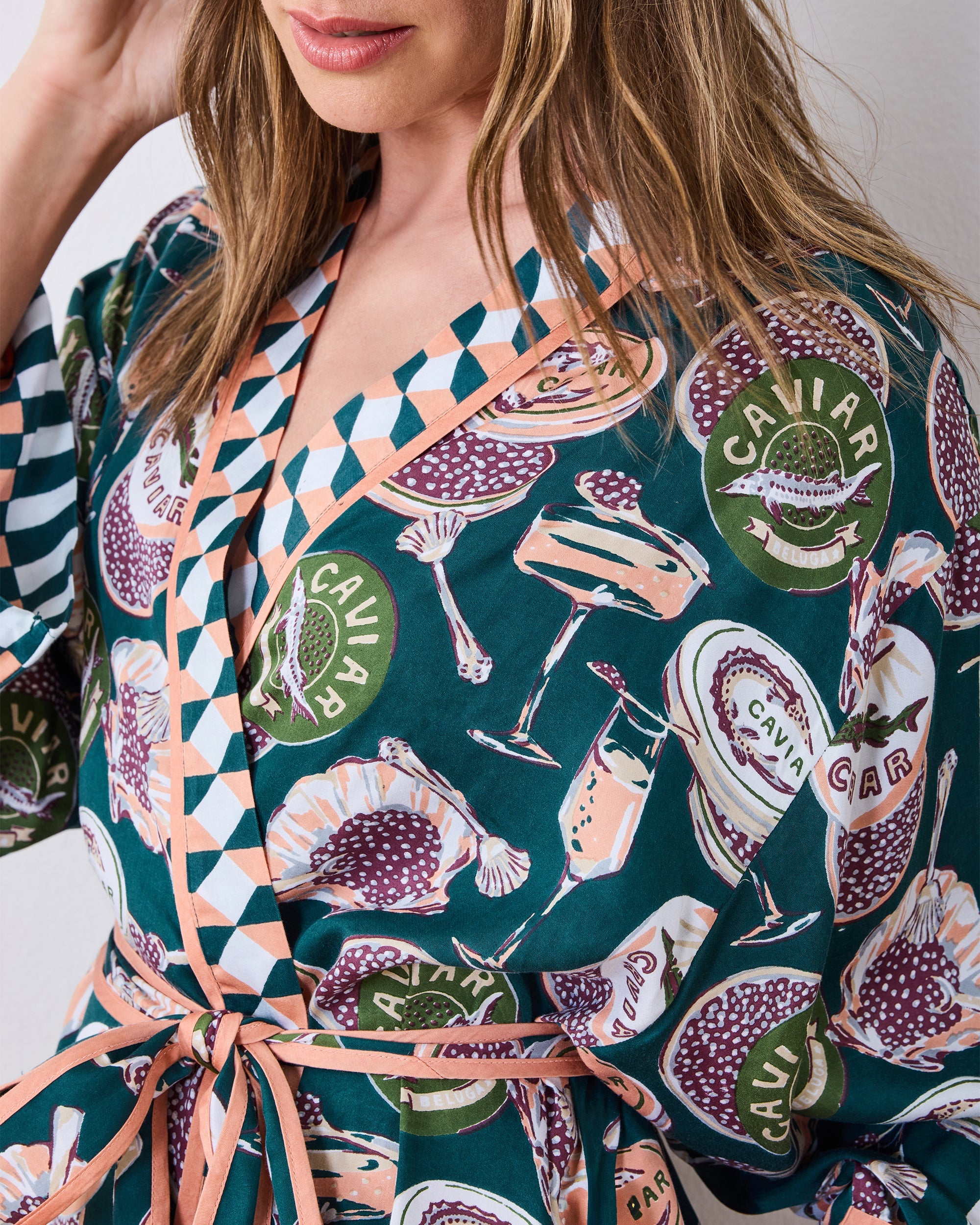 Champagne & Caviar - Eco Satin Robe - Peacock Feather