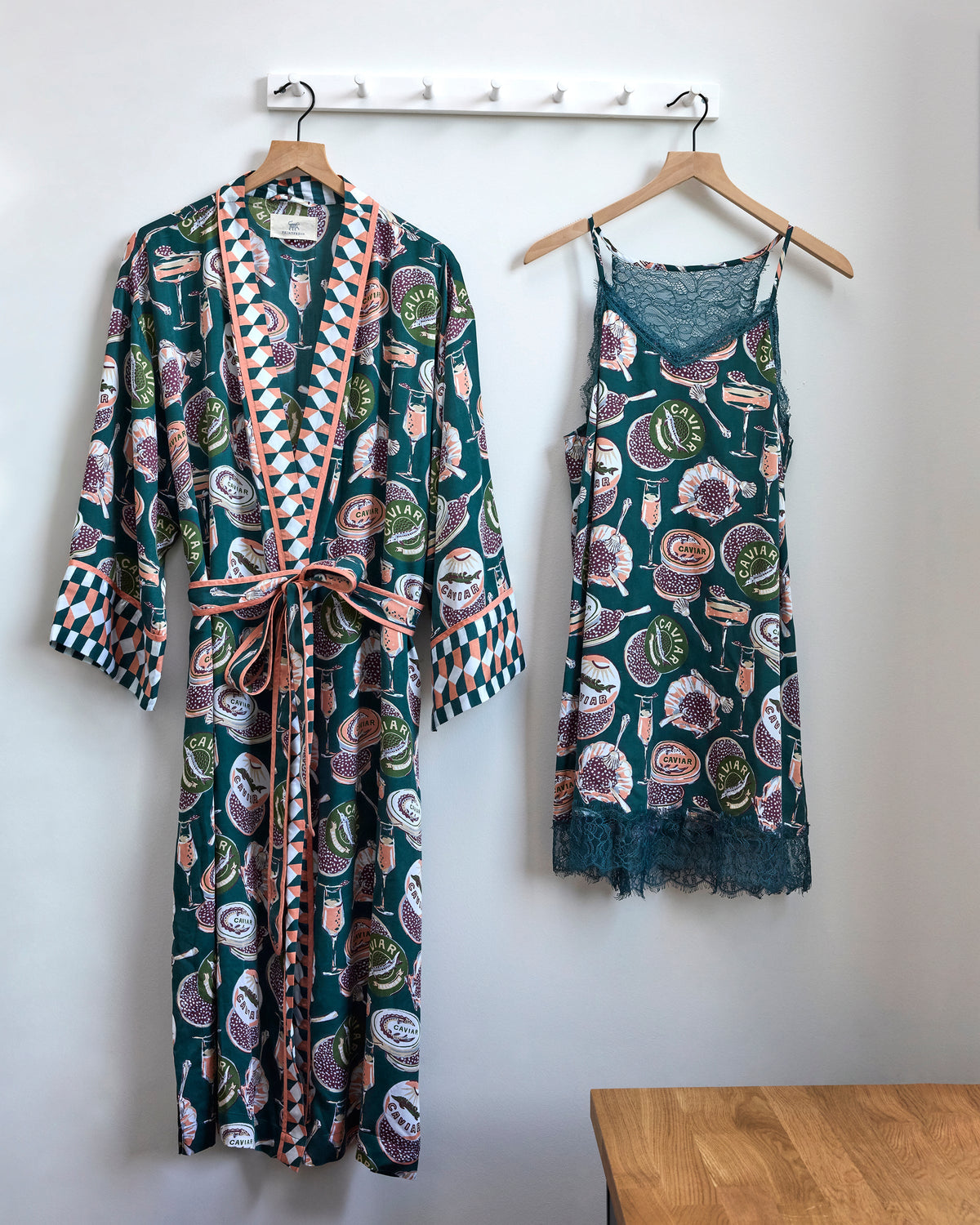 Champagne & Caviar - Eco Satin Robe & Aimee Nightie Bundle - Peacock Feather