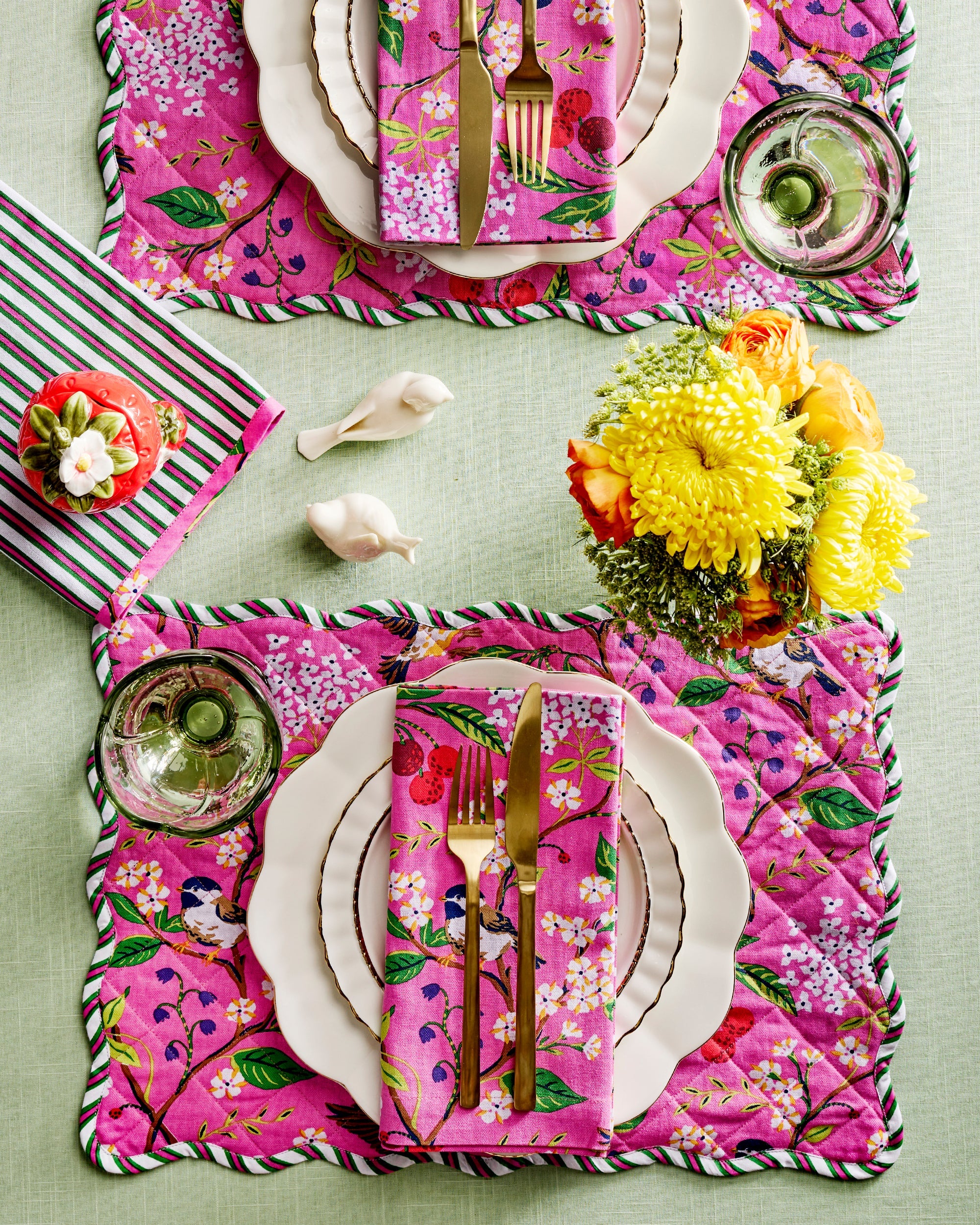Bird & Bloom/Posh Stripe - Set of Placemats & Napkin Bundle - Fuchsia Berry