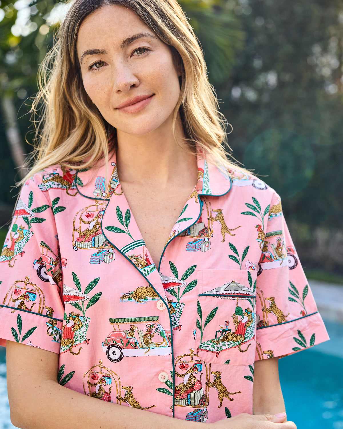 Cabana Cats - Short Sleeve Top & Cropped Pants Set - Peach Daiquiri