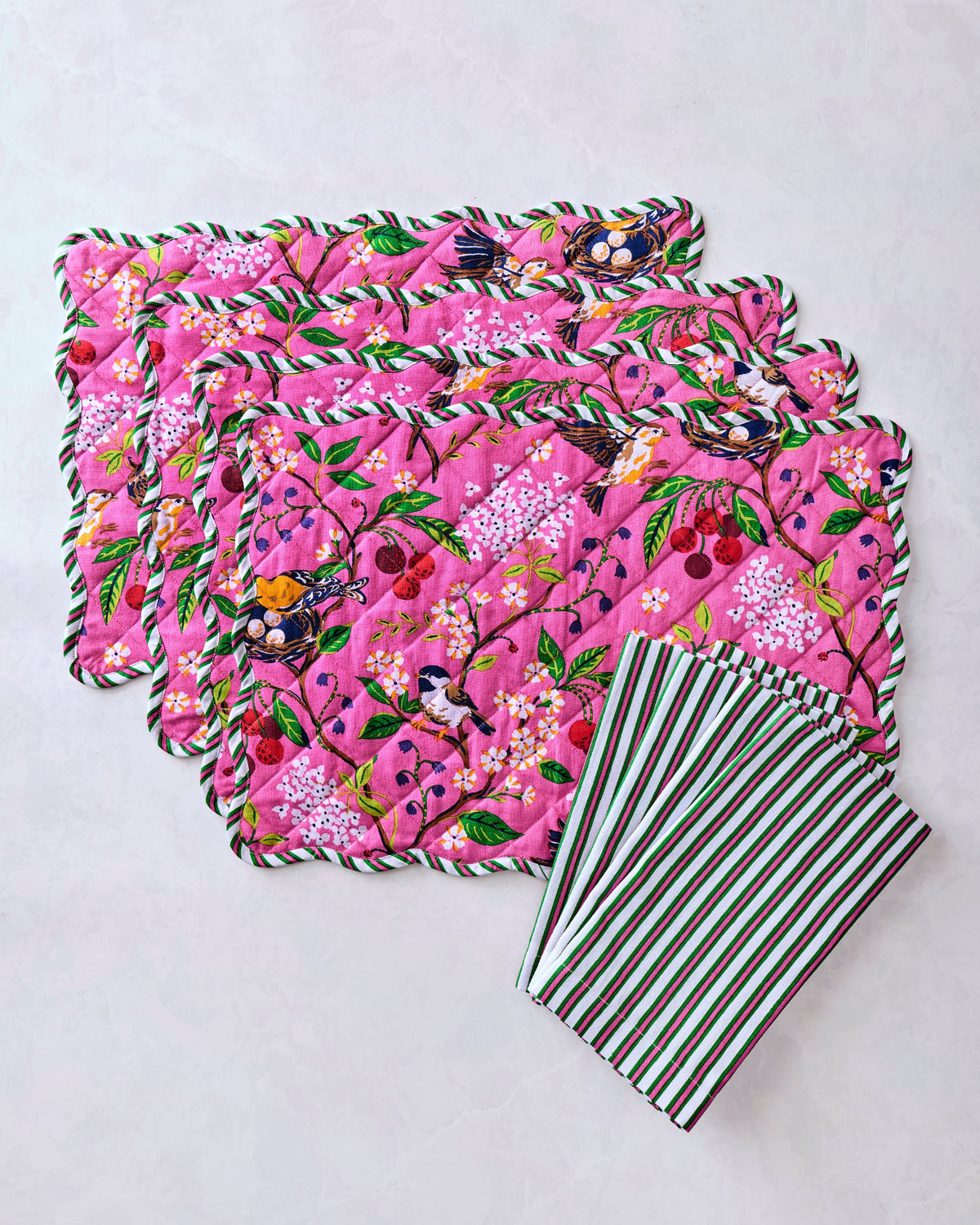 Bird & Bloom/Posh Stripe - Set of Placemats & Napkin Bundle - Fuchsia Berry