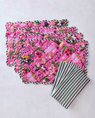 Bird & Bloom/Posh Stripe - Set of Placemats & Napkin Bundle - Fuchsia Berry
