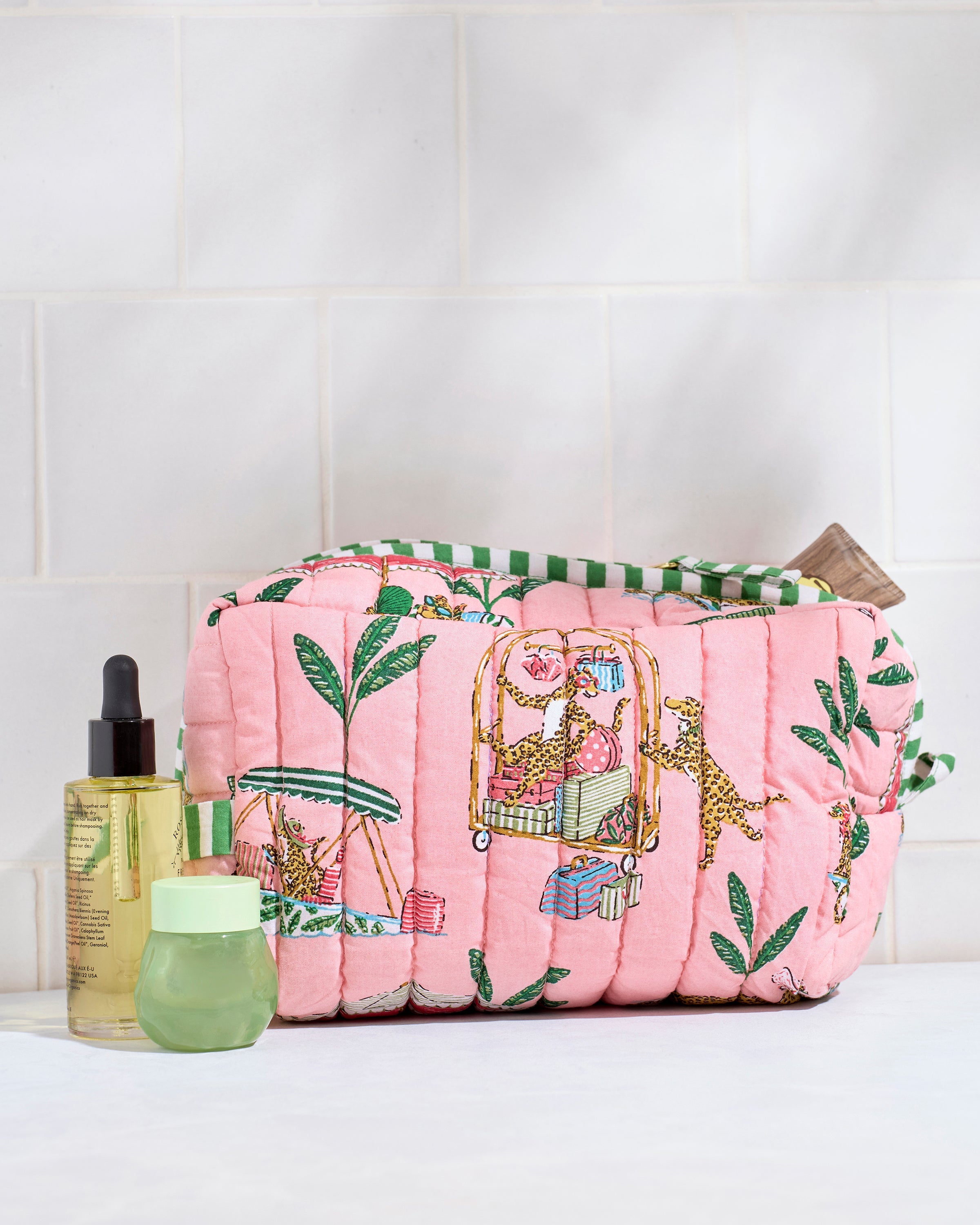 Cabana Cats - Short PJ Set & Quilted Pouch Bundle - Peach Daiquiri