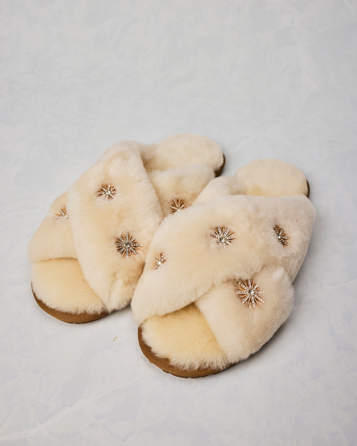 Beige - Sheepskin Slippers with Rhinestones - Limlim