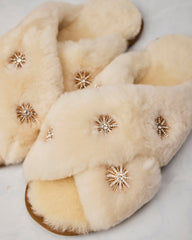 Beige - Sheepskin Slippers with Rhinestones - Limlim