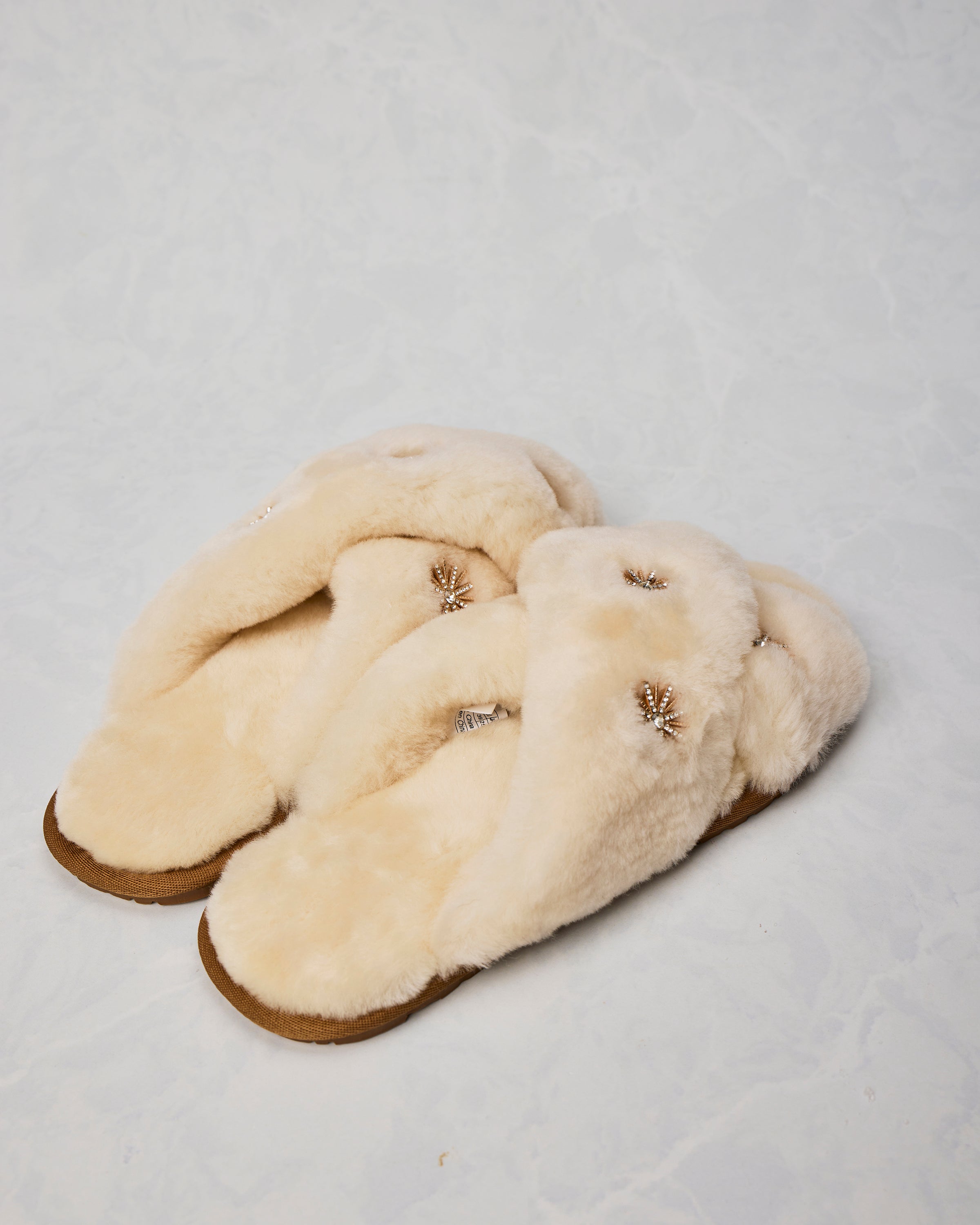 Beige - Sheepskin Slippers with Rhinestones - Limlim