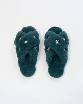 Blue Sheepskin Slippers with Rhinestones