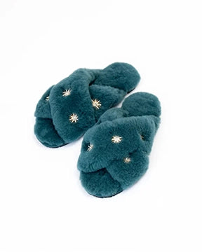 Blue Sheepskin Slippers with Rhinestones